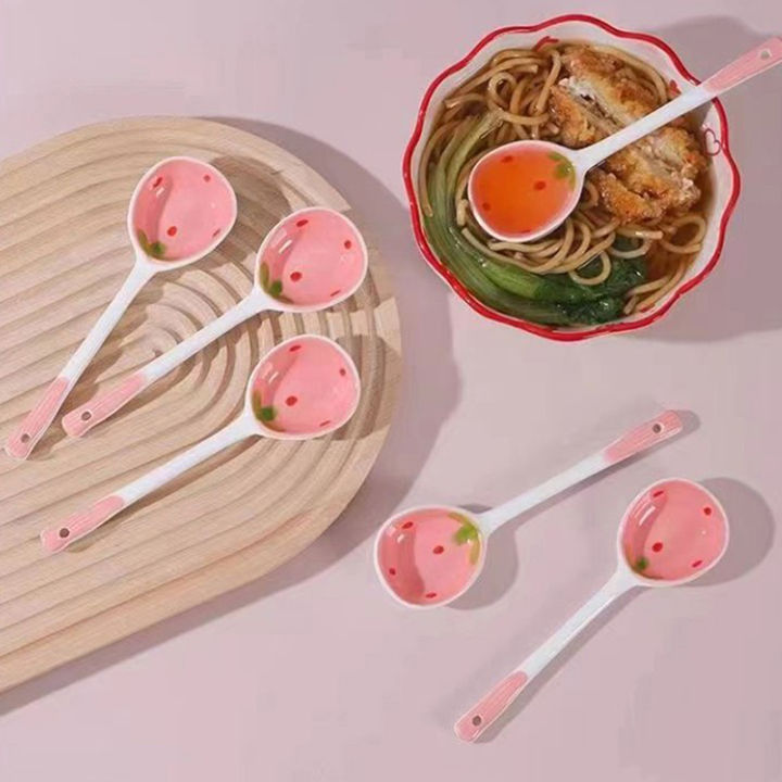 Cute Ceramic Strawberry Soup Spoon Kawaii Korean Ice Cream Dessert Spoon With Long Handle Kitchen Tableware Accessories Encounter