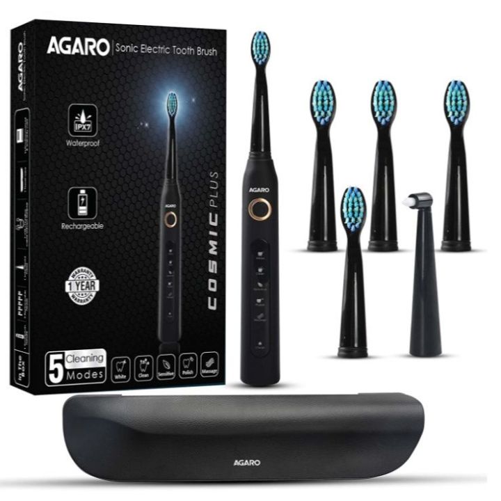 Agaro Electric ToothBrush , Model Cosmic Plus , Sonic Type , Rechageable Type , 5 Mode , 5 Brush Heads , 1 Interdental Head And Carry Case