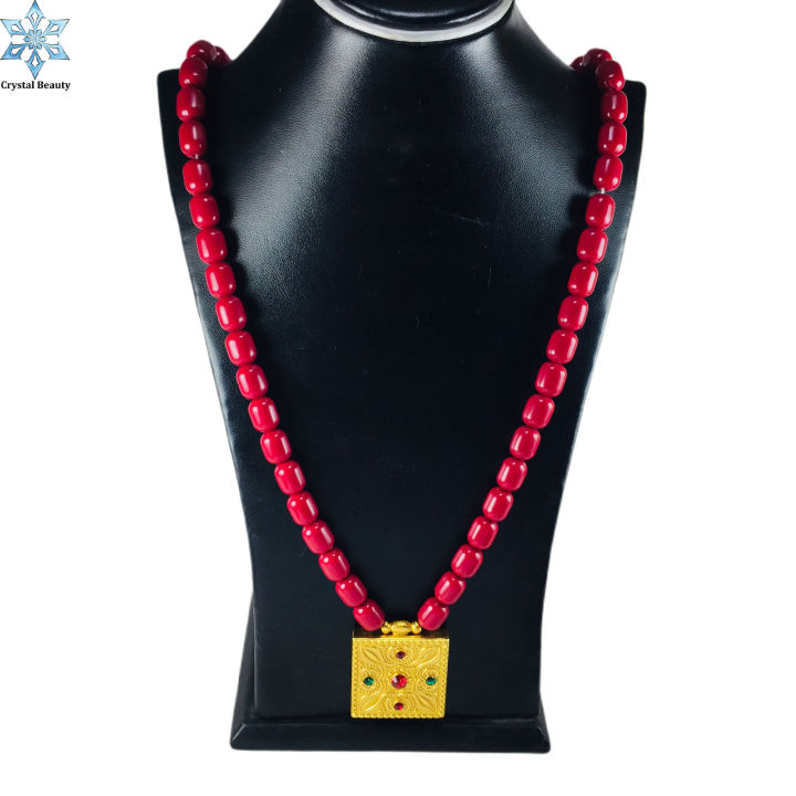 Gold Plated Panchadhatu Muga Mala With Red And Green Stone Jantar For Women