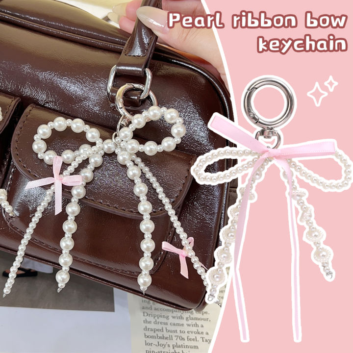 Two Style Pink Ribbon Pearl Butterfly Knot Keyrings Bowknot Keychain