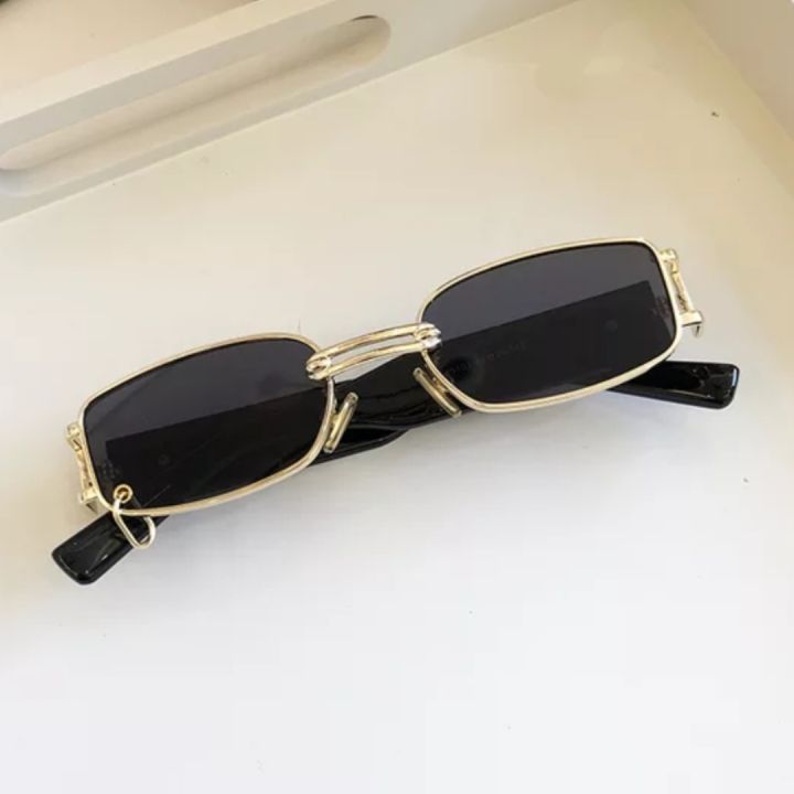Golden Metal Thin Square Retro Trendy Sunglasses Unisex