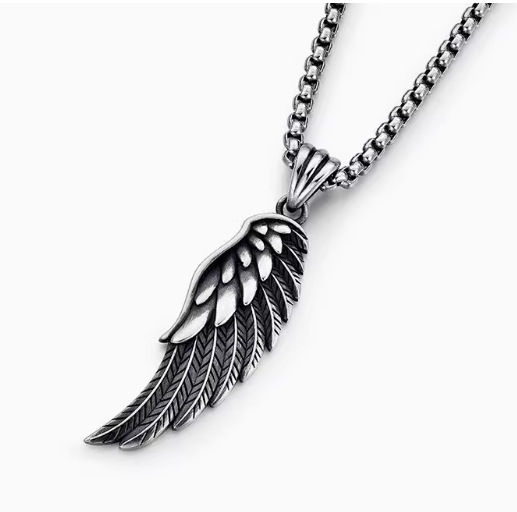 【Hottest Trends】Vintage Angel Wings Necklace Men's Trendy High-end Personalized Clavicle Chain Punk Style Imitation Thai Silver Feather Pendant