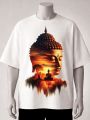 Golden Sunset & Meditating Buddha | Graphic Printed T-Shirt- Cream, Maroon, White. 