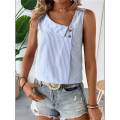 Women'S Button Asymmetrical V Neck Striped Print Blouses Casual Sleeveless Tank Top Summer Shirt Tops. 