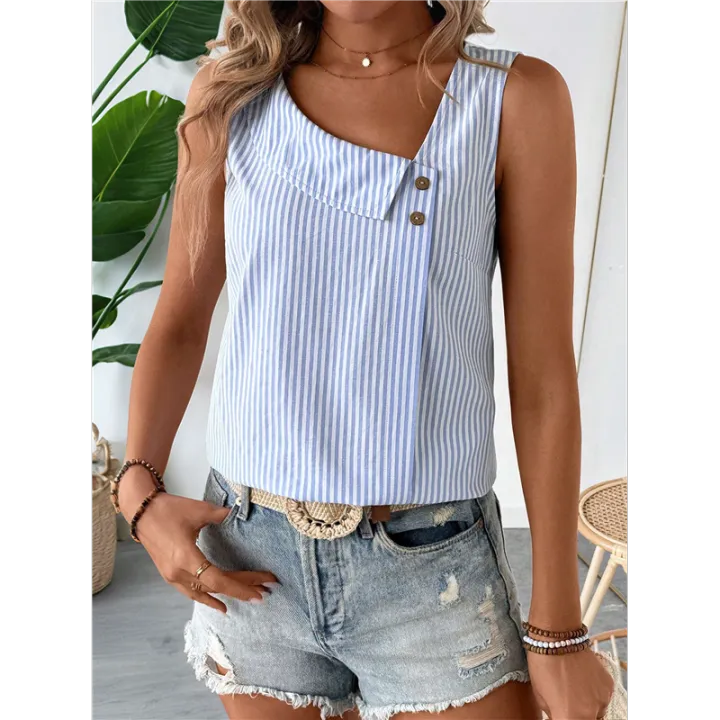 Women'S%20Button%20Asymmetrical%20V%20Neck%20Striped%20Print%20Blouses%20Casual%20Sleeveless%20Tank%20Top%20Summer%20Shirt%20Tops%20-%20Image%208