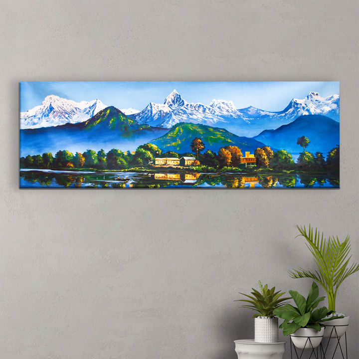 Single Panel Panoramic Machhapuchre Range Fewa Lake Painting Matte Canvas Cotton Print| Fewa Lake | Pokhara | HQ | S | 6 inch X 18 inch | Tightly Wrapped In Wooden Frame | Not stickers or No Forex Board