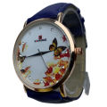 Leather Belt Blue Round Dial Quartz Moment Attractive Design Wrist Watch For Women. 