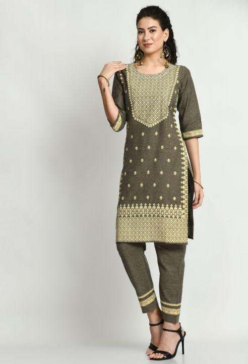 Women Grey Green Kurta with Palazzos (DK-80)