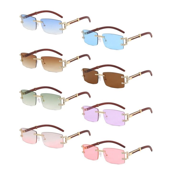 Vintage Wood Diamonds Punk Sunglasses Rhinestone Frameless Women's Rimless Sun Glasses Rectangle Square Eyewear for Beach Travel Streetwear