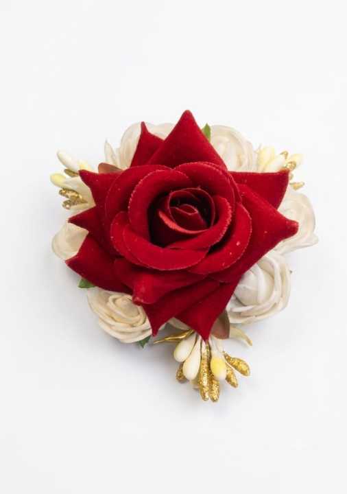 Luxury Red Velvet Rose Boutonniere | Dainty Silk Flower Corsage with Pearl & Gold Accents | Wedding Groom Lapel Pin & Bridal Wristlet | Long-Lasting Faux Floral Accessory For Women
