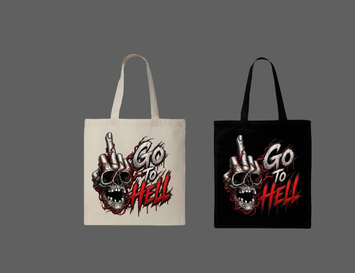 Skull Middle Finger "Go To Hell" Printed Tote Bag– Black & White