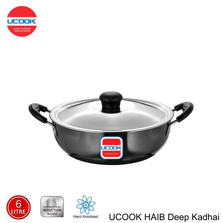 UCOOK Hard Anodised Induction Based Steel Lid Deep Kadhai 6 Litres