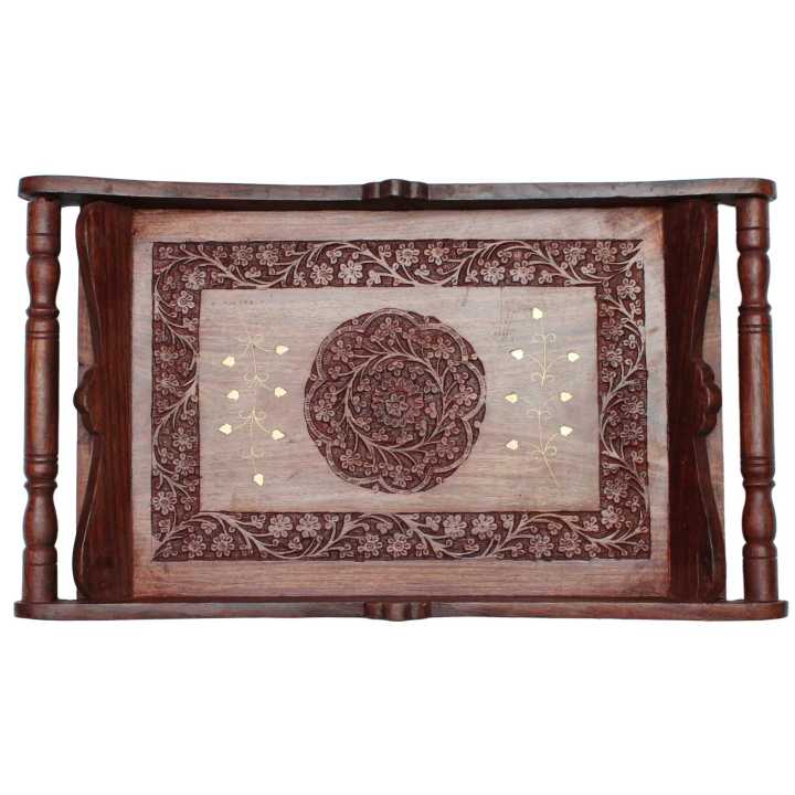 Brass Flower Design Wood Tray 20"