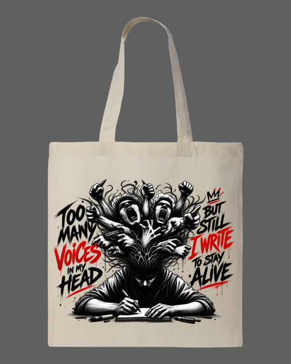"Too%20Many%20Voices%20In%20My%20Head"%20Grunge%20Printed%20%20Tote%20Bag%E2%80%93%20Eco-Friendly%20Cotton%20Shoulder%20Shopping%20Bag-White,%20Black%20-%20Image%202