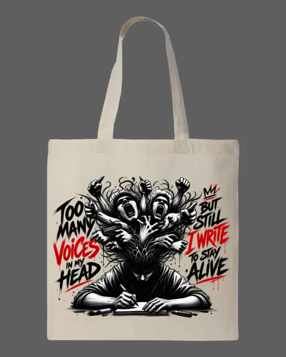 "Too%20Many%20Voices%20In%20My%20Head"%20Grunge%20Printed%20%20Tote%20Bag%E2%80%93%20Eco-Friendly%20Cotton%20Shoulder%20Shopping%20Bag-White,%20Black%20-%20Image%202