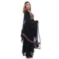 Black Color Minimal V-neck Design Full Sleeves Plain Kurtha Surwal Set With Shawl For Women. 