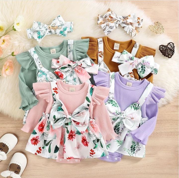 Newborn%20Baby%20Girls%20Summer%20Clothes%20Sets%20Ruffle%20Sleeve%20Top%20T-Shirt%20Floral%20Suspender%20Shorts%20Headband%20-%20Image%202