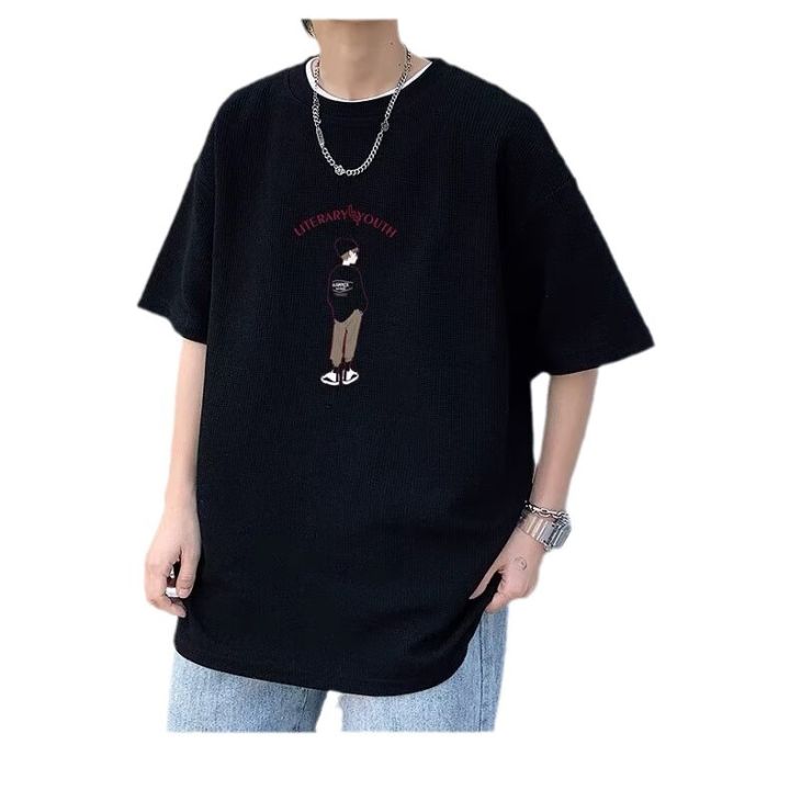 FUIV%20Heavy%20Waffle%20Short%20Sleeve%20T-Shirt%20Men's%20Summer%20Fashion%20Brand%20Loose%20Men's%20Hong%20Kong%20Style%20Plus%20Size%20Print%20Five-and-a-half%20Sleeves%20-%20Image%205