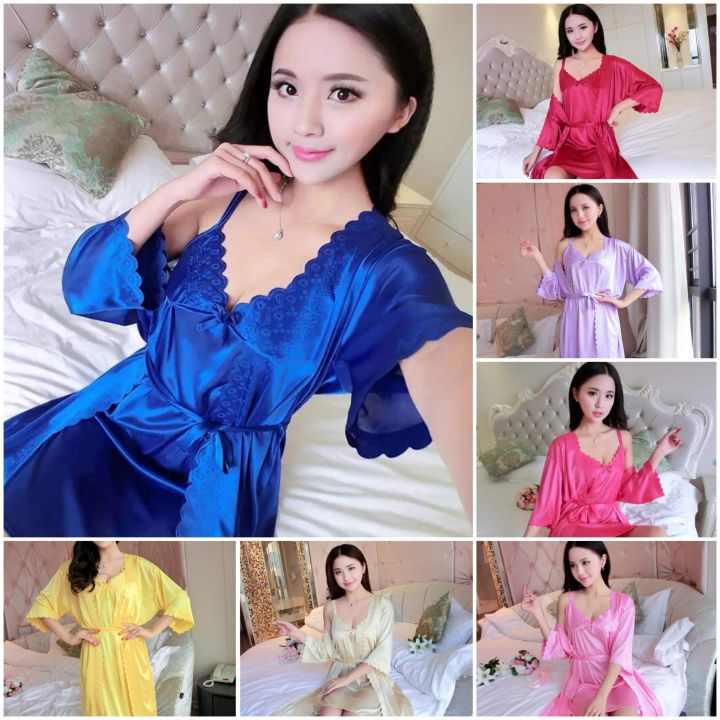 Kimono Style 2 Pcs Satin Night Dress For Women - Multicolor | Free Size | Fashion | Nightie For Women | Women'S Wear |