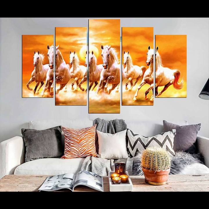 7 Horse Vastu 5 Panel Wall Decor Wall Hang Canvas Print With Wooden Frame by Om Suva Trades