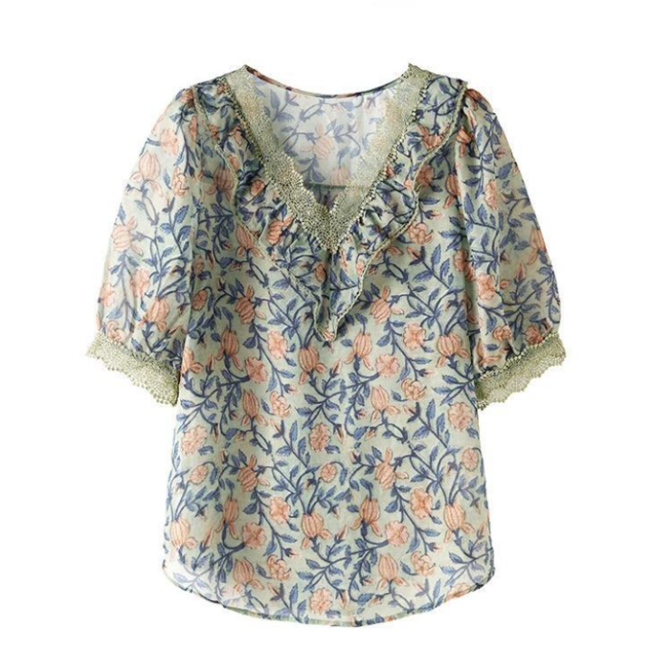 2026%20Summer%20High%20Jacquard%20Chiffon%20Shirt%20Women's%20Short-sleeved%20Noble%20Temperament%20Lady%20Casual%20V-neck%20Korean%20Shirt%20-%20Image%208