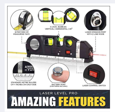 Laser Level Meter Pro 3 Leveller Black 2 Line Measuring Tape ...