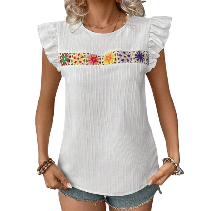 Women's Floral Embroidery Blouse White XL