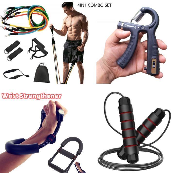 4-in-1 Fitness Combo | 5in1 Resistance Band, Adjustable Hand Grip Strengthener With Counter, Adjustable Tangle free Bearing Jump Rope Skipping & Forearm Strengthener Hand Strengthener