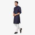 Navy Blue Solid Cotton Kurta Pajama Set For Men. 