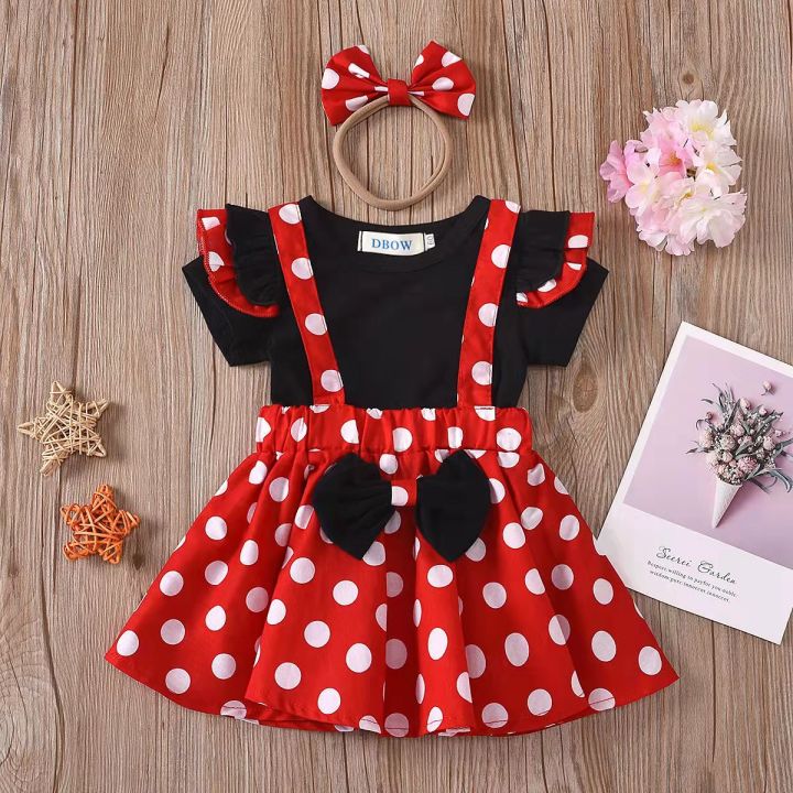 1-5 Years Children Outfit Baby Clothing Set Girl Summer Birthday Costume Kids Dots Tops Skirt Minnie Cosplay Suit with Headband