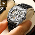 OLEVS Men's Watches Automatic Skeleton Self Winding Watches with Black Leather Band Waterproof Original Mechanical Watch for Man. 