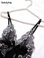 Sutuiying Sales promotion Contrast Lace Ruffle Trim Lingerie Sets Deep V Slip Babydoll Dress Thong Women's Lingerie Underwear. 