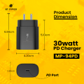 My Power 30 Watt PD Adaptor , Pd Charger, Type C Output Charger Black colour MP94pd Dock Round Indian Pin. 