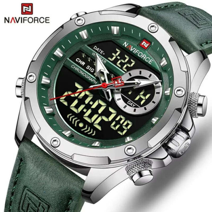 NaviForce%20NF9208%20Men's%20Dual%20Display%20LCD%20Leather%20Strap%20Complete%20Calendar%20Wristwatch%20-Silver/Green%20-%20Image%202