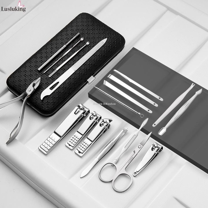 Asinrn ERosIon 9/16/19Pcs Manicure Set Black Stainless Steel Nail Clippers Cuticle Nipper Pedicure Professional Care Tool Cleaning Grooming Kit