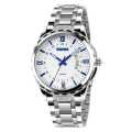 Classic Silver Stainless Steel Analog Watch White And Blue Dial  For Men. 