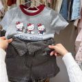 Korean children's clothing children's set 25 summer new cartoon Kt cat print short sleeve t-shirt foreign denim shorts tide. 