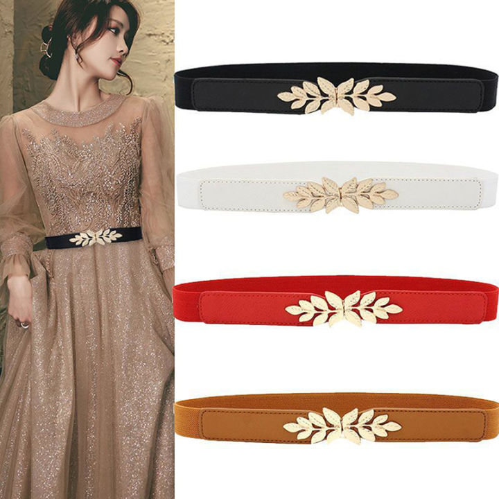Waist Belt Elastic Slim Decorative Stretchy Quick Release Tight Waist Black Golden Plated Leaf Buckle Women Dress Waistband Jeans Belt Cologo