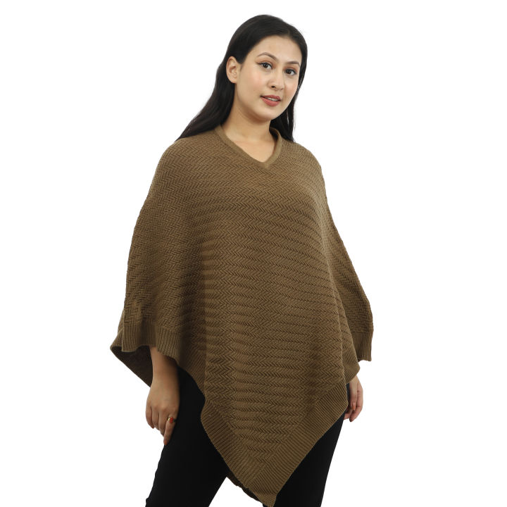 Brown Women’s V-Neck Woolen Poncho – Reverse Knit Design | Winter Wrap ...