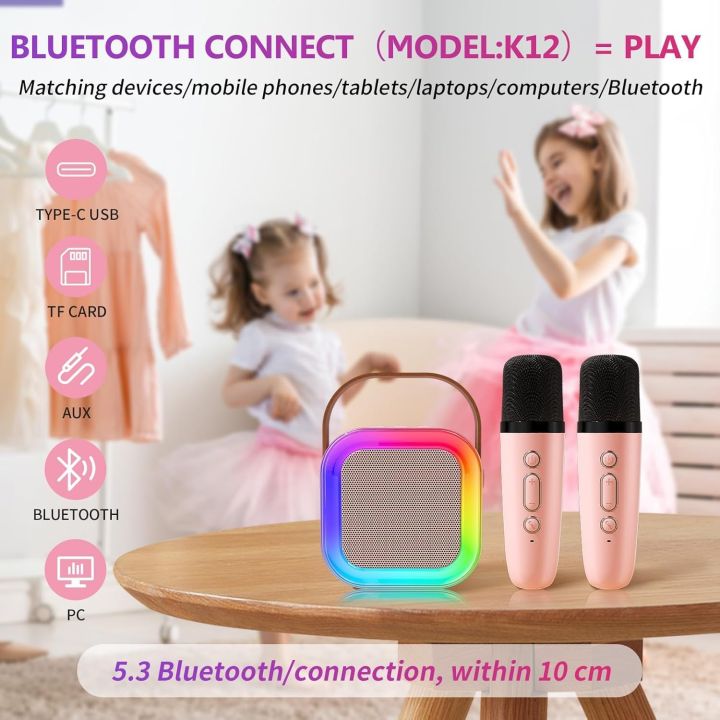 K12 Portable Bluetooth Karaoke Speaker with 2 Wireless Microphones, RGB ...
