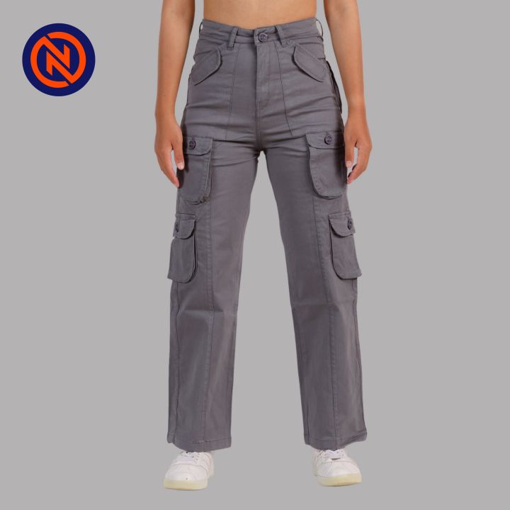 Nepster Dark Grey High Rise Premium Straight Cotton Cargo Box Pants For Women