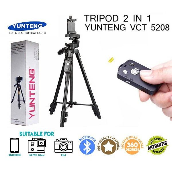 Yunteng 5208 Aluminum Light Weight Tripod With Bluetooth Remote For Smartphone Model: YUNTENG VCT