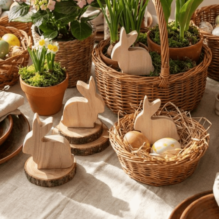 6Pcs Decorative Standing Easter Rabbit Ornaments Realistic Handmade Wooden Bunny Decorative Handicraft Unfinished Easter Rabbit Figurine Tabletop Centerpieces
