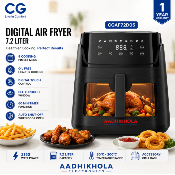 CG 7.2L Digital Air Fryer | CGAF72D05 | 80% Oil Free Cooking | 2150W Powerful Heating | Touch Screen Display | 9 Preset Cooking Modes | Oil-Free Cooking | 60 Min Timer | Auto Cut Safety | 1 Year Warranty