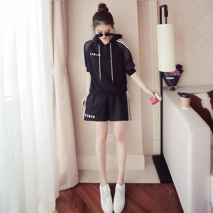 Korean Fashion Summer Korean Version Plus Size Hooded Casual Sports Set Female Fashion Loose Shorts Two Pieces Set Tide