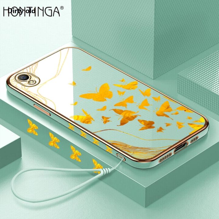 Dirty old Hontinga for OPPO A37 A37F NEO 9 Back Cover（Free Lanyard）Luxury 6D Plating Bargain price Golden Butterfly Side Pattern Case Soft Silicone Square Mobile Cover