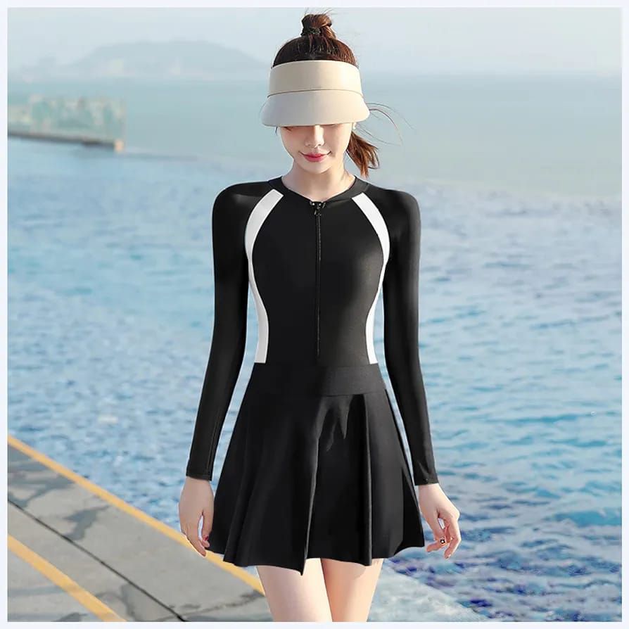 Women's Long Sleeve Swimsuit with Skirt and Attached Shorts