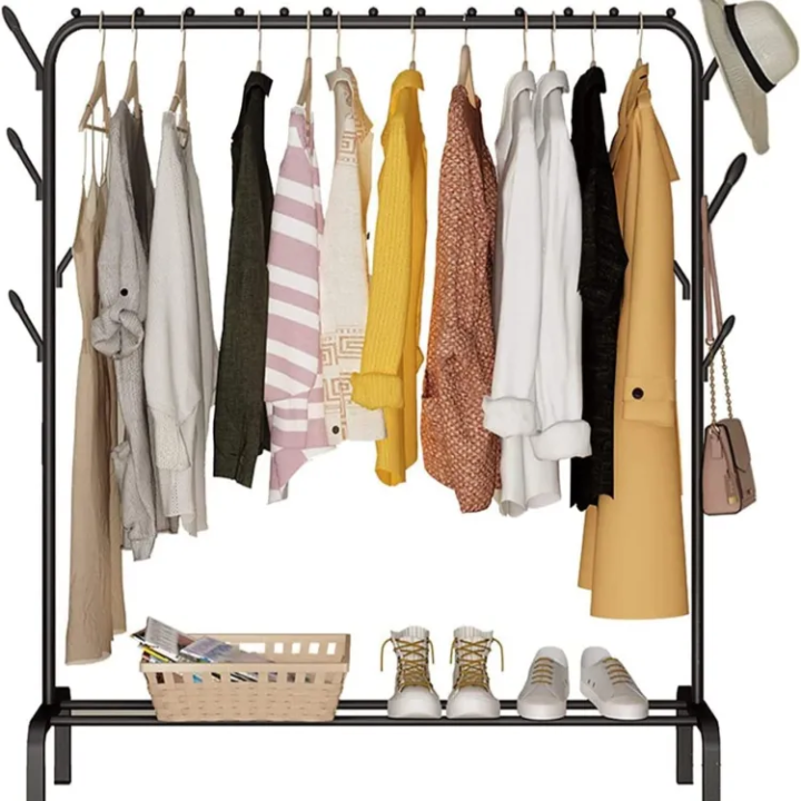 Coat Rack And Clothes Hanger Stand With Side Hooks And Bottom Shelves ...