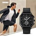 SKMEI 1963 Men's Fashion Multifunction Chronograph Square Dial Date Display Leather Strap Watch - Black. 