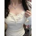 American sweet and spicy slim floral two-piece top women's autumn and winter pure desire chic niche long-sleeved shirt. 